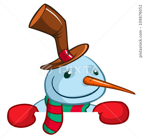 Funny snowman holding white page. Greeting Christmas card, vector illustration isolated. Funny snowman holding white page. Greeting Christmas card, vector illustration isolated. 109876052