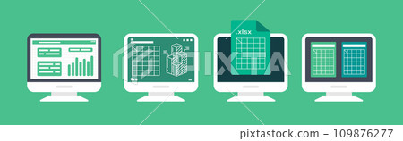 Spreadsheet on Computer screen flat illustration. Financial accounting report concept. office things for planning and accounting, analysis, audit, project management, marketing, research vector set 109876277