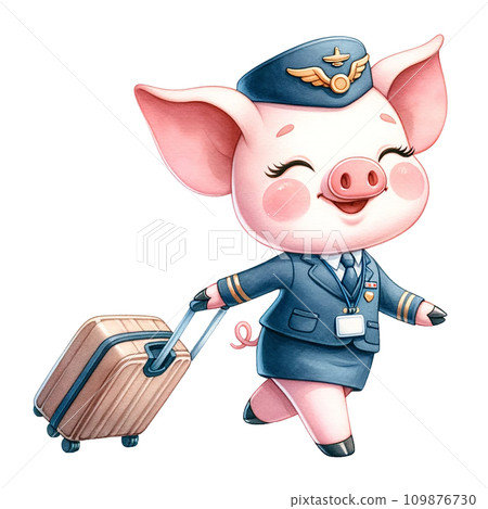 Piggy like as airhostess ,dragging rolling suitcase. watercolor illustration.AI Generate 109876730