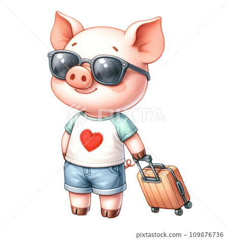 Cute pig in sunglasses with a suitcase watercolor illustration.AI Generate Cute pig in sunglasses with a suitcase watercolor illustration.AI Generate 109876736