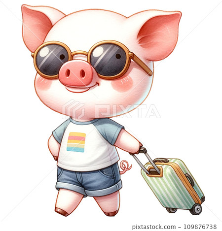 Cute pig in sunglasses with a suitcase watercolor illustration.AI Generate 109876738