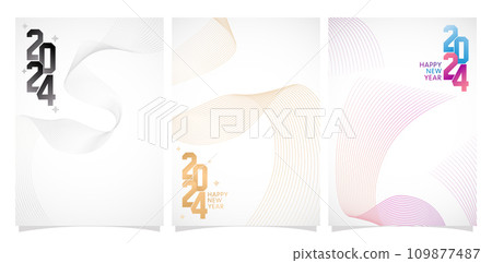 three Set of abstract wavy line backgrounds with 2024 number isolated color Vector illustration for New Years calendar, covering, social media header, greeting card, screen printing, catalogue booklet 109877487