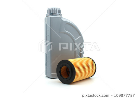 Vehicle engine oil filters and motor oil cans 109877787