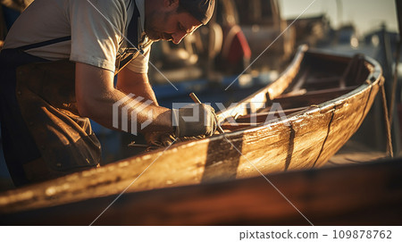 A fisherman is repairing a boat 109878762