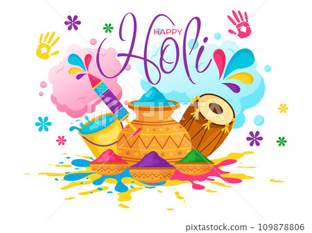 Happy Holi Festival Vector Illustration with Colorful Pot and Powder In Hindi in Colors Celebration Flat Cartoon Background Design 109878806