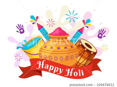 Happy Holi Festival Vector Illustration with Colorful Pot and Powder In Hindi in Colors Celebration Flat Cartoon Background Design Happy Holi Festival Vector Illustration with Colorful Pot and Powder In Hindi in Colors Celebration Flat Cartoon Background Design 109878812