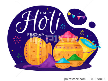 Happy Holi Festival Vector Illustration with Colorful Pot and Powder In Hindi in Colors Celebration Flat Cartoon Background Design Happy Holi Festival Vector Illustration with Colorful Pot and Powder In Hindi in Colors Celebration Flat Cartoon Background Design 109878816