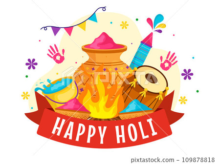 Happy Holi Festival Vector Illustration with Colorful Pot and Powder In Hindi in Colors Celebration Flat Cartoon Background Design Happy Holi Festival Vector Illustration with Colorful Pot and Powder In Hindi in Colors Celebration Flat Cartoon Background Design 109878818