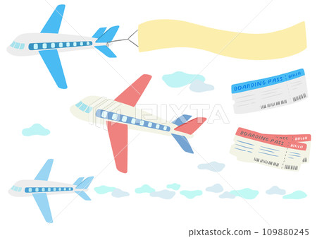 飛機和橫幅航空標誌和機票，可愛的簡單手繪插圖集 109880245