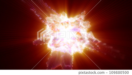 Abstract glowing looped light hi-tech energy yellow sphere atom clot of energy from lines and particles futuristic, abstract background 109880500