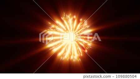 Abstract glowing looped light energy yellow orange round sphere atom from lines of wave dots and particles abstract background 109880504