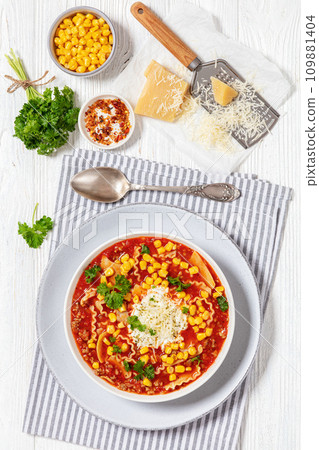 lasagna soup with ground beef, corn, tomato paste lasagna soup with ground beef, corn, tomato paste 109881404