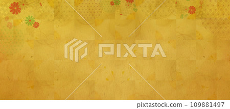 Wide background material with floral and Japanese patterns on traditional Japanese gold washi paper material Wide background material with floral and Japanese patterns on traditional Japanese gold washi paper material 109881497