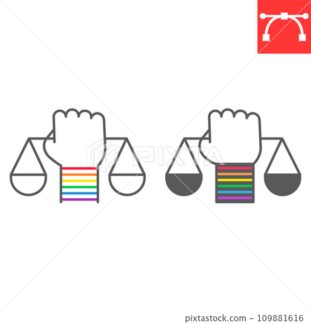 LGBT rights line and glyph icon, LGBT and tolerance, hand hold scales, vector graphics, editable stroke outline sign, eps 10. 109881616
