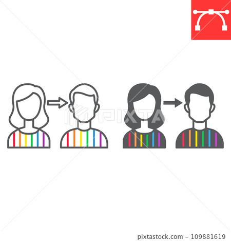 Gender transition line and glyph icon, LGBT and transgender, sex change vector icon, vector graphics, editable stroke outline sign, eps 10. Gender transition line and glyph icon, LGBT and transgender, sex change vector icon, vector graphics, editable stroke outline sign, eps 10. 109881619
