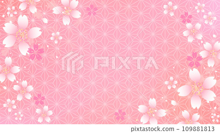 櫻花和日本圖案框架背景，麻葉圖案，16:9 109881813