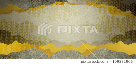 傳統日本和紙材料上帶有日本圖案雲圖案和山脈設計的寬背景材料 109881906