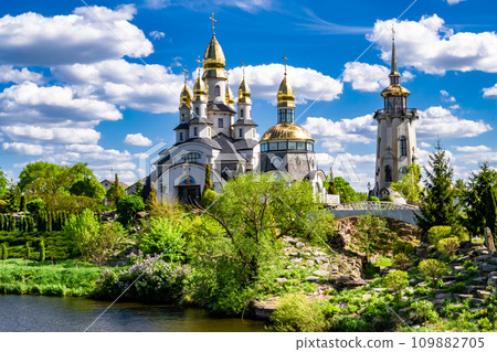 Christian church cross in high steeple tower for prayer 109882705