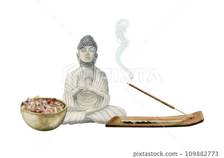 Buddha figurine with mineral salt bowl and burning aroma stick in wooden stand watercolor illustration isolated on white background for spa, relaxation, meditation, wellness design Buddha figurine with mineral salt bowl and burning aroma stick in wooden stand watercolor illustration isolated on white background for spa, relaxation, meditation, wellness design 109882773