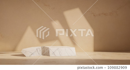 Beige pieces of stone wall. Stone marble slabs for product display. Stone Podium for promotion on beige Background. Natural pedestal. 109882909