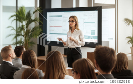 Confident lady business trainer coach leader give flip chart presentation consulting clients teaching employees training team people speaking explaining strategy at marketing workshop concept 109882918