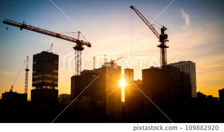 New construction site with crane and mechanical equipments on sunset background. Construction site crane. Silhouette building site. 109882920