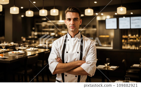 Chef standing at restaurant . Portrait of handsome young chef cook at restaurant. Portrait of male Chef. Professional Cooking 109882921
