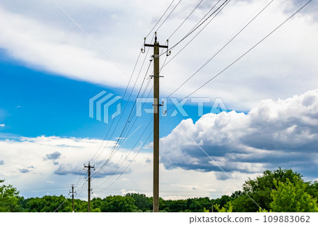 Power electric pole with line wire on colored background close up Power electric pole with line wire on colored background close up 109883062