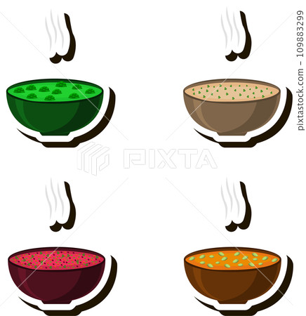 Illustration on theme big set various types beautiful tasty edible hot homemade soups Illustration on theme big set various types beautiful tasty edible hot homemade soups 109883299