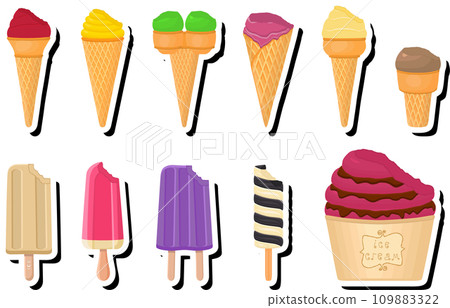 Illustration on theme big kit ice cream popsicle different types in cone waffle cup 109883322
