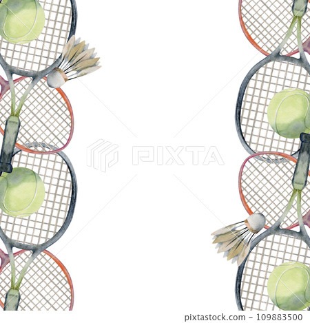 Hand drawn watercolor sports gear equipment, tennis badminton ball, racquet, health fitness lifestyle. Illustration isolated border frame on white background. Design poster, print, website, card, shop 109883500