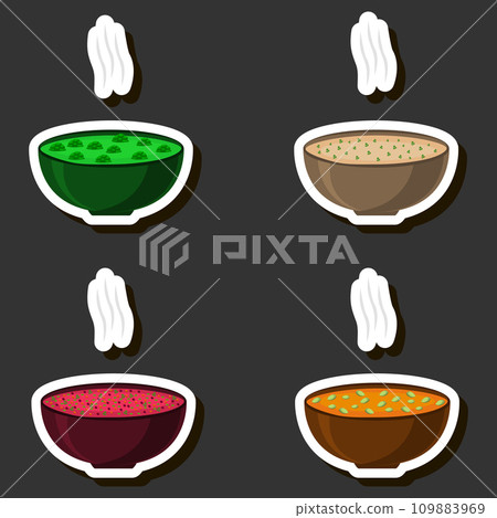 Illustration on theme big set various types beautiful tasty edible hot homemade soups Illustration on theme big set various types beautiful tasty edible hot homemade soups 109883969
