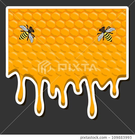 Drop of bee honey drip from hexagonal honeycombs filled with golden nectar 109883993