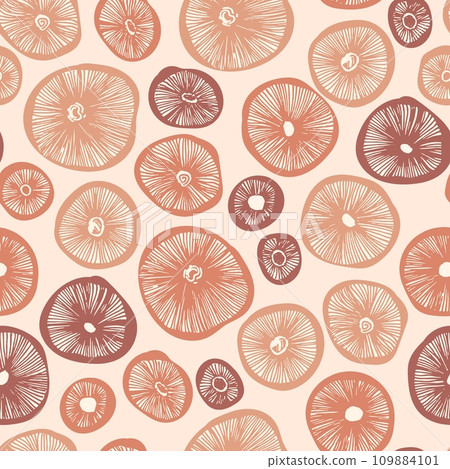 Mushrooms caps hand drawn linocut seamless vector pattern. Linocut vector mushroom seamless pattern. Mushrooms caps hand drawn linocut seamless vector pattern. Linocut vector mushroom seamless pattern. 109884101