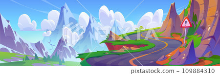 Winding mountain road with warning sign 109884310
