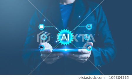 Ai technology. Artificial Intelligence. Businessman use technology AI smart robot automation system. Data analysis. AI chat and command prompt to generate. Chatbot intelligent assistant. AI secretary. 109884315