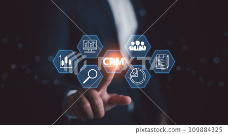 CRM. Customer Relationship Management, Businessman or client show global structure customer network technology, Data exchanges development, Customer service, Digital marketing online, Social media, HR CRM. Customer Relationship Management, Businessman or client show global structure customer network technology, Data exchanges development, Customer service, Digital marketing online, Social media, HR 109884325