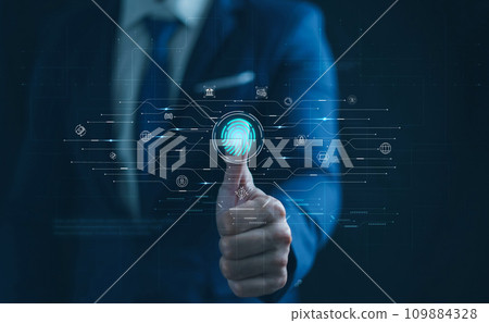 Businessmen fingerprint scanning, Biometric authentication for Security of future technology, Surveillance for security scanning of digital programs cyber futuristic applications, Big Data, Banking. Businessmen fingerprint scanning, Biometric authentication for Security of future technology, Surveillance for security scanning of digital programs cyber futuristic applications, Big Data, Banking. 109884328