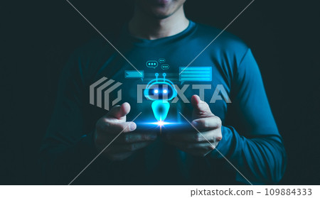 Businessman use smartphone chat Ai smart robot, Artificial intelligence digital technology, Chatbot chat of Customers acres information online internet network, Futuristic technology transformation. 109884333