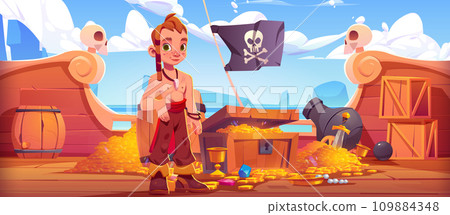 Little boy pirate stands on wooden deck of ship Little boy pirate stands on wooden deck of ship 109884348