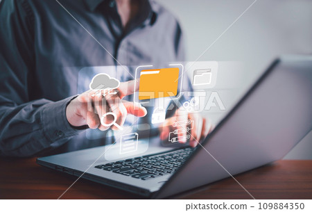 Document management System DMS, Businessman pointing folder icon to use technology software for management document, Smart office paperless, Digital document, Cloud service, Online file, Data storage. 109884350