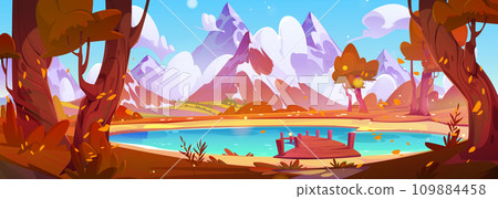 Autumn landscape with wooden pier on lake Autumn landscape with wooden pier on lake 109884458