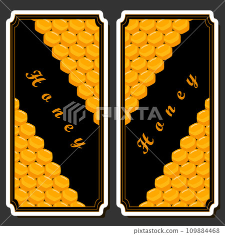 Illustration on theme for label of sugary flowing down honey in honeycomb with bee 109884468