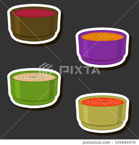 Illustration on theme big set various types beautiful tasty edible hot homemade soups 109884470