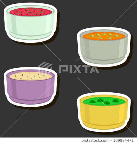 Illustration on theme big set various types beautiful tasty edible hot homemade soups Illustration on theme big set various types beautiful tasty edible hot homemade soups 109884471