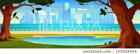 Cartoon city landscape with river and city park Cartoon city landscape with river and city park 109884494