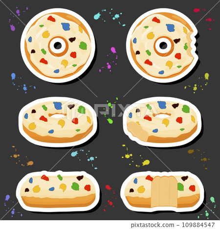 Illustration on theme big set different types sticky donuts, sweet doughnuts various size Illustration on theme big set different types sticky donuts, sweet doughnuts various size 109884547
