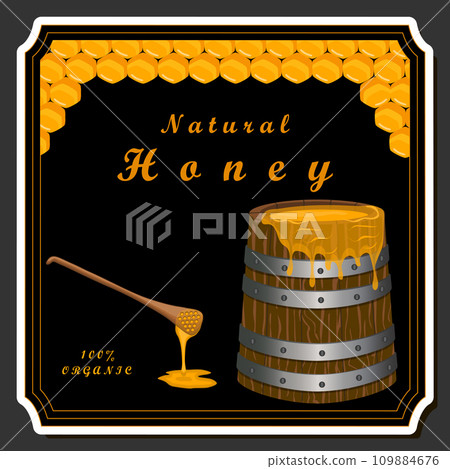 Drop of bee honey drip from hexagonal honeycombs filled with golden nectar Drop of bee honey drip from hexagonal honeycombs filled with golden nectar 109884676