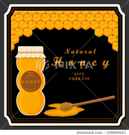 Illustration on theme sugary flowing down honey in honeycomb with bee 109884681