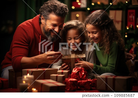 happy family taking pictures of presents, social media portraiture happy family taking pictures of presents, social media portraiture 109885687